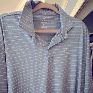 Rhoback long sleeve polo. Light blue and white stripes.